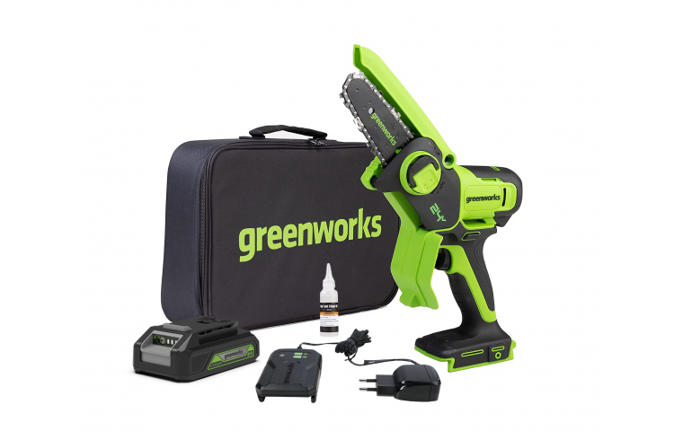 Мини-пила цепная аккумуляторная Greenworks G24MCS10K2 24В